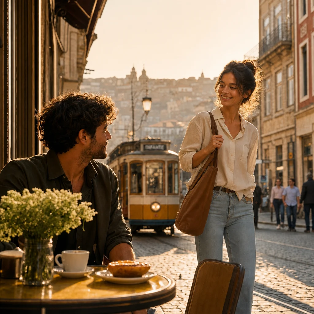 Two people recognising each other on a Porto street